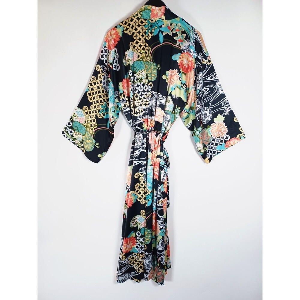 Natori Kimono Robe & Gown Asian Floral XL Belted Satin Pockets Black Geometric - Picture 4 of 11